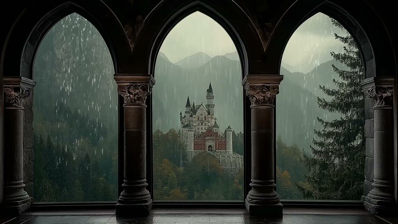 Rain Falling Outside a Medieval Castle Window – Soft Thunderstorm – Warm Ambience for Reading