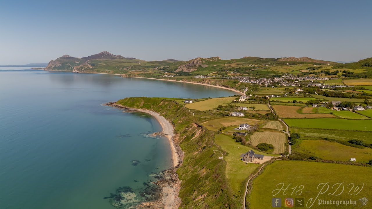 Nefyn beach and the coastline of Wales from above. Drone footage
