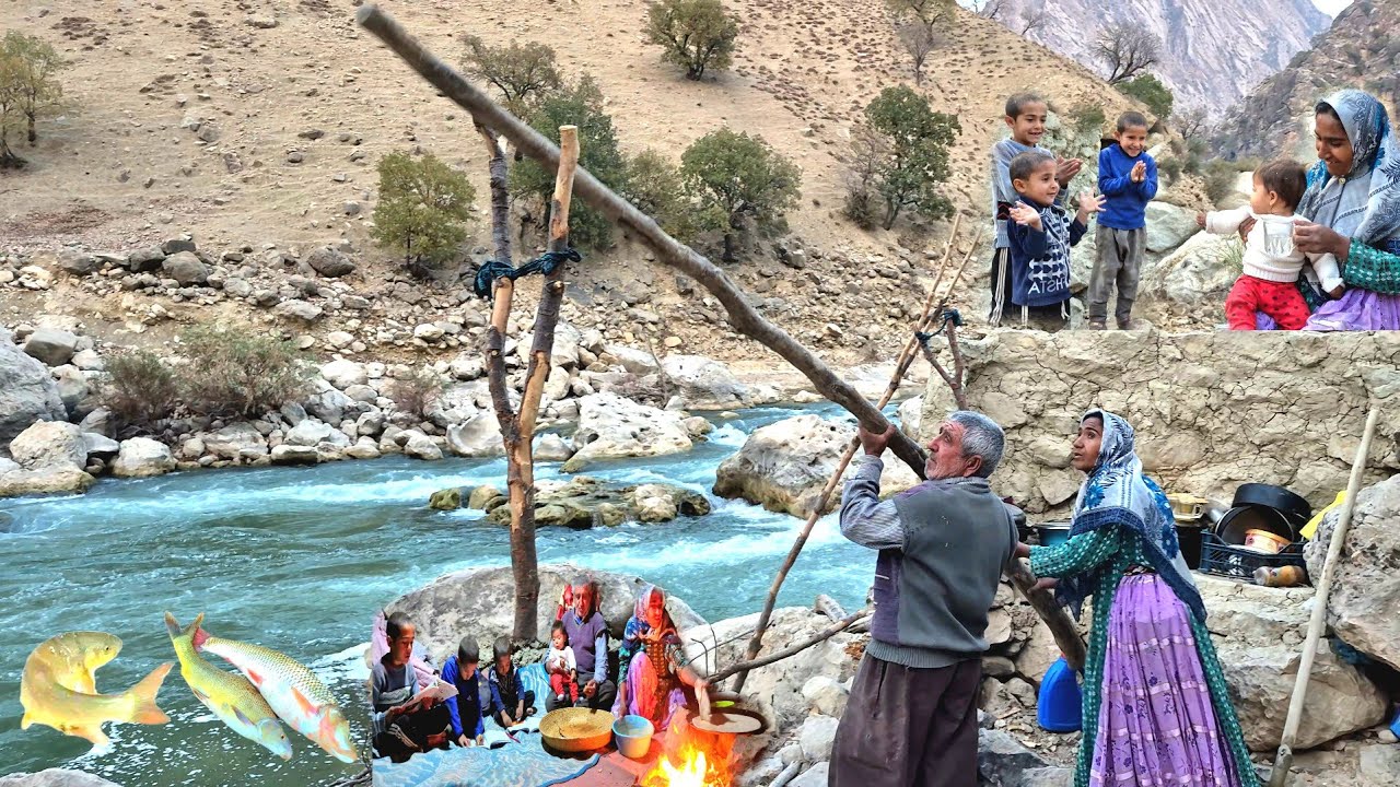 Single Mother Surviving with Four Kids by a Wild River | Fishing & Shelter Repair in Zagros