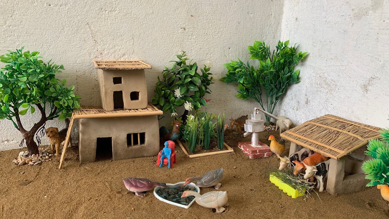 How to make village clay house | cow shed ~ hand pump | house of animals mud house woodworking