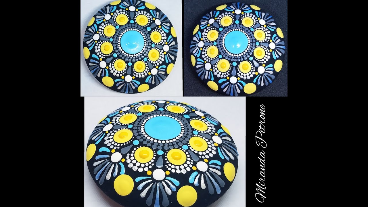 Dot Mandala on Art Stone~Calming Blue Grey Yellow ~ Painting by Miranda Pitrone using Dotting tools