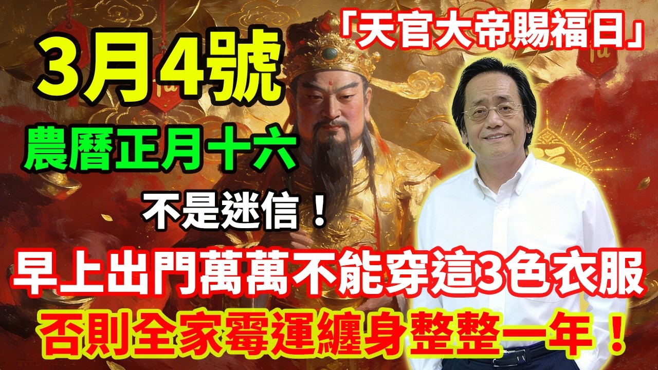 不是迷信！3月4號，農曆正月十六，「天官大帝賜福日」，早上出門萬萬不能穿這3色衣服，一旦穿錯，明堂吉氣全散，否則全家霉運纏身整整一年！#佛學 #佛淨 #佛陀 #佛法 #佛教 #修行