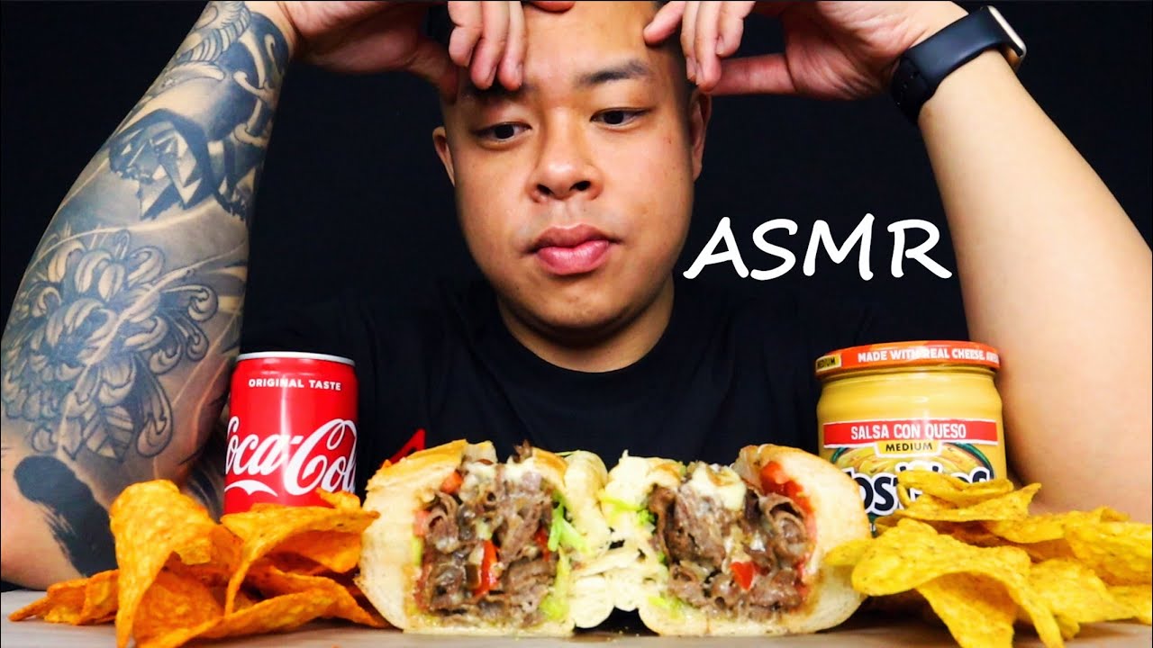 JERSEY MIKES PHILLY CHEESESTEAK SUB WITH CHIPS & CHEESE SAUCE ASMR **BIG BITE EATING**|ASMR_cravings
