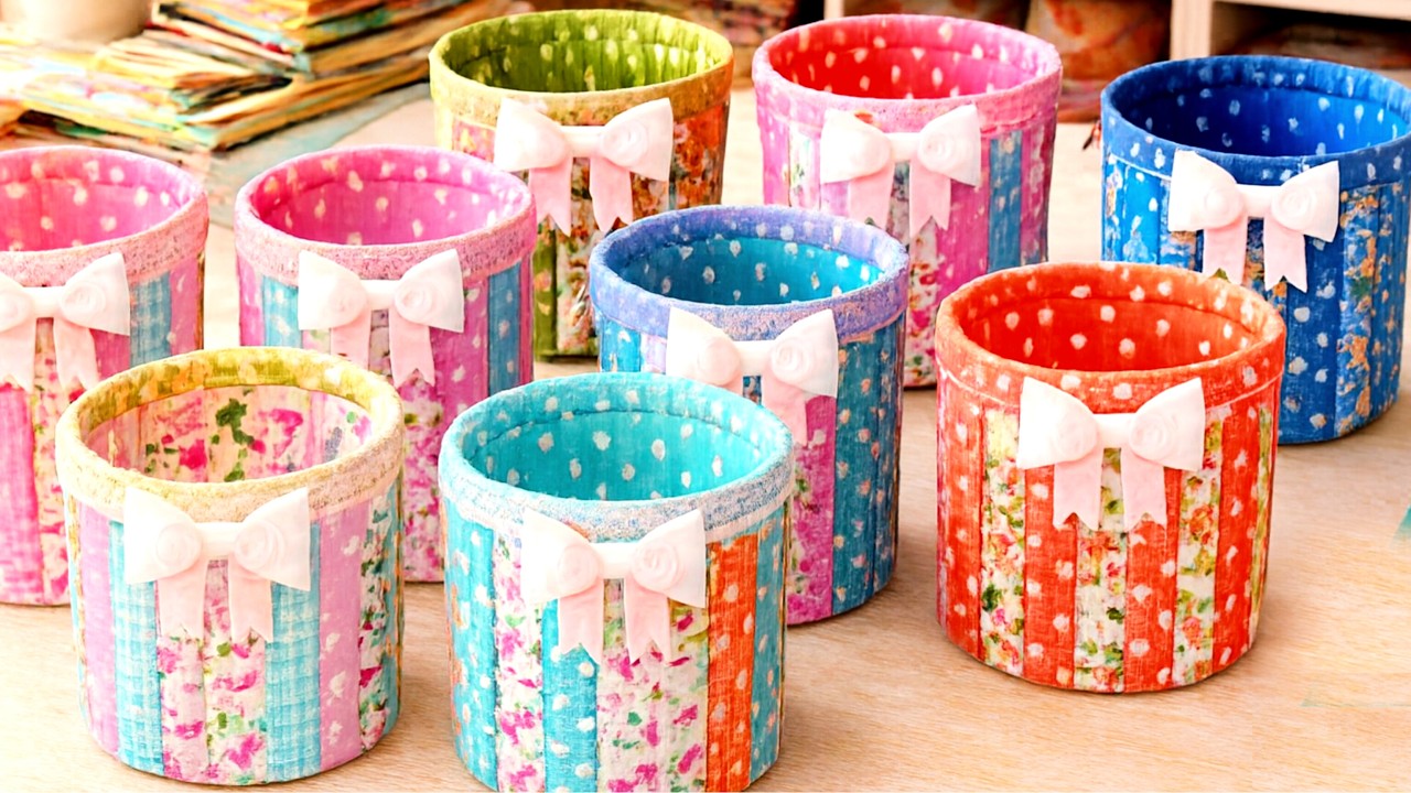 DIY patchwork Fabric Basket using leftover Fabric Scraps/Cosmetic organizer
