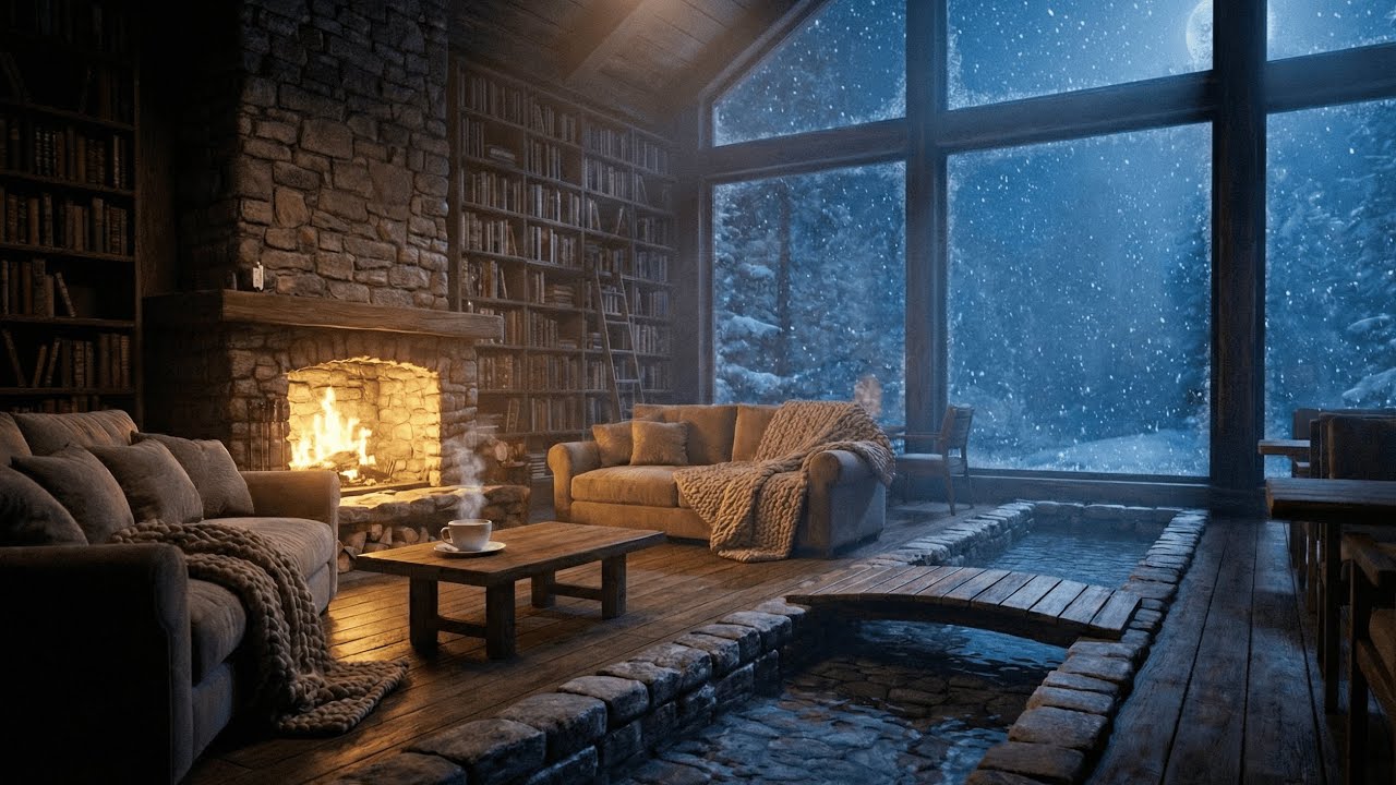 【カフェBGM】雪が降る森の中 暖炉の夜カフェ☕️ ｜リラックス・読書・勉強