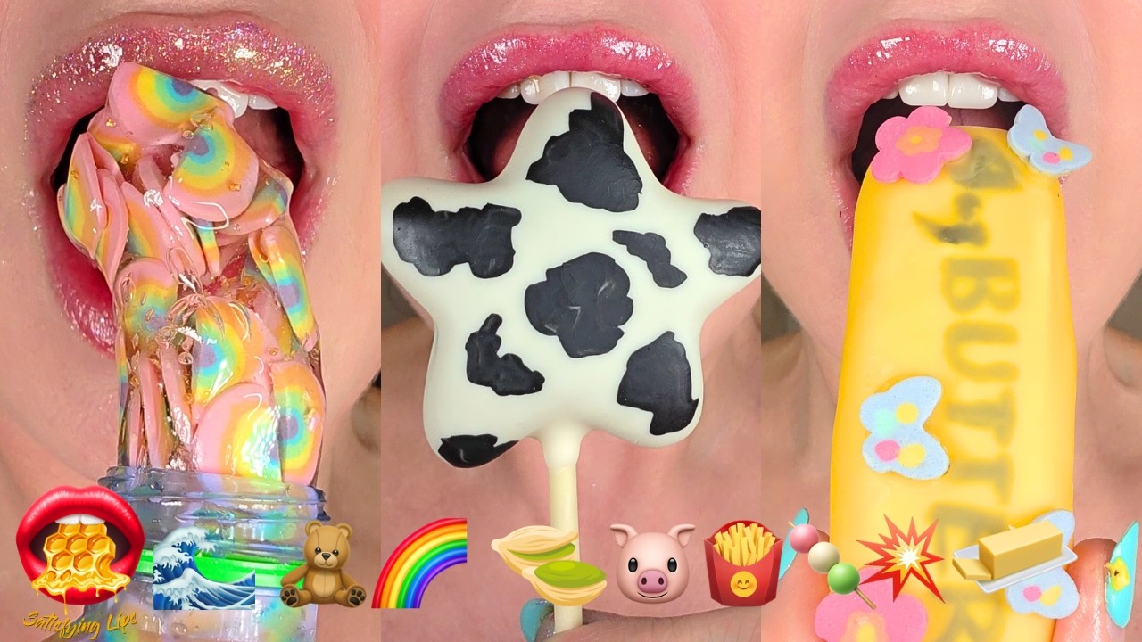 Very Satisfying ASMR Eating Emoji Food Challenge Butter Wax Candy Kohakutou