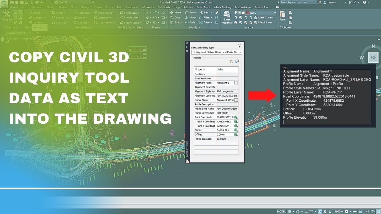 Copy Civil 3D Inquiry tool data into the drawing and outside sources