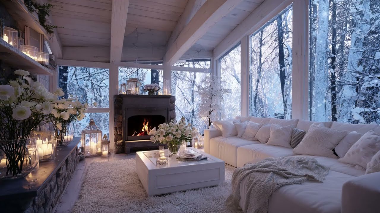 Chill Piano Melodies for Cold Days: Snowy Cabin Ambience with Fireplace for Stress Relief
