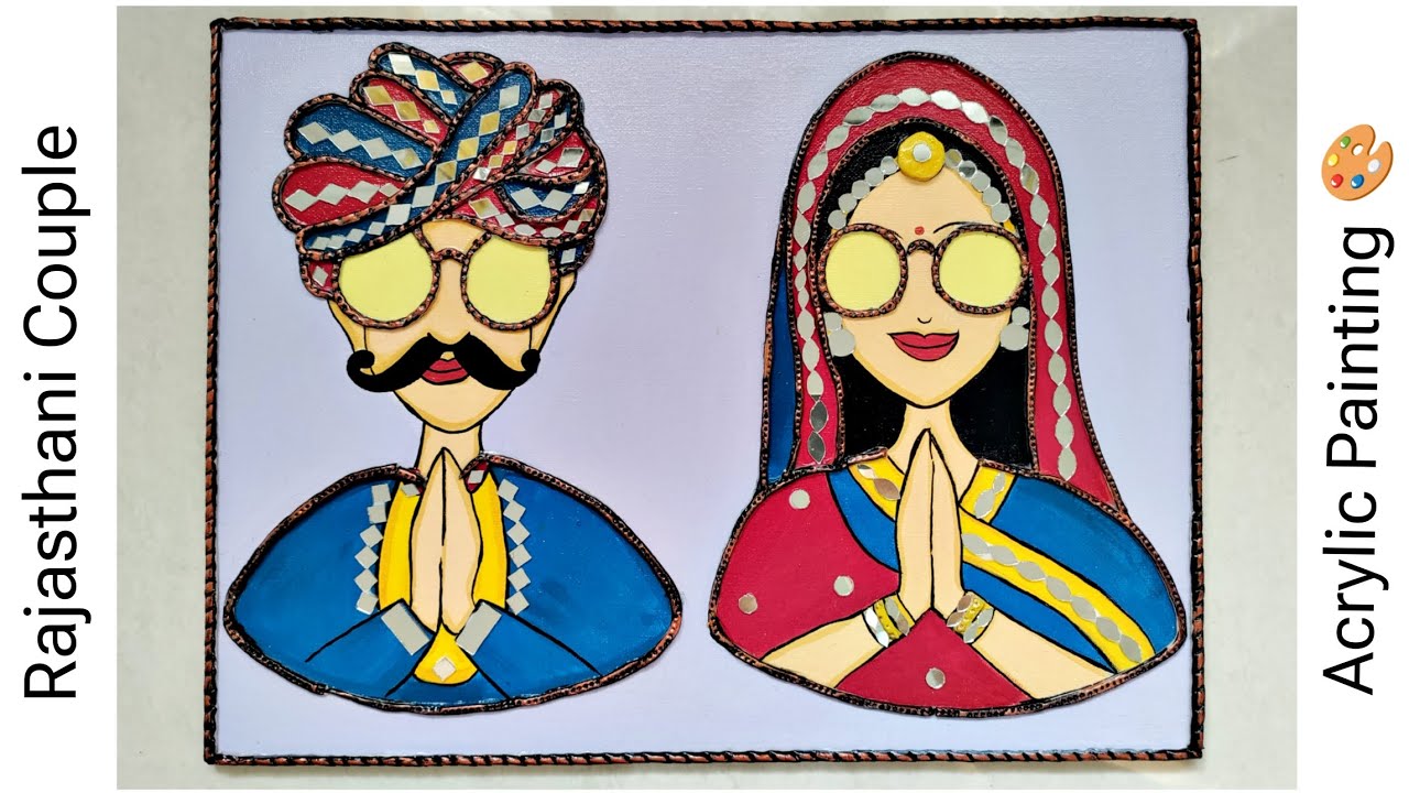 Rajasthani Couple Acrylic Painting😍Lippan Art Tutorial for Beginners😍Varnish Details for Acrylic Art