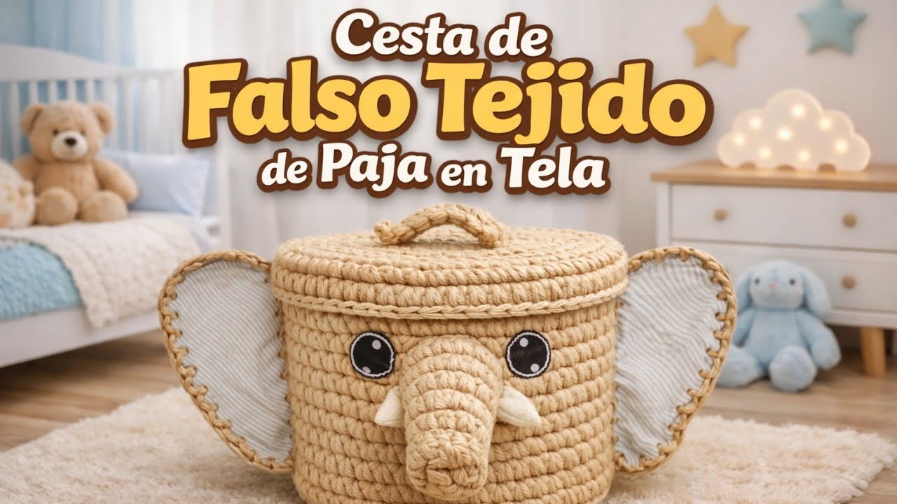 Cesta con falso tejido de paja ,de tela (elefante)
