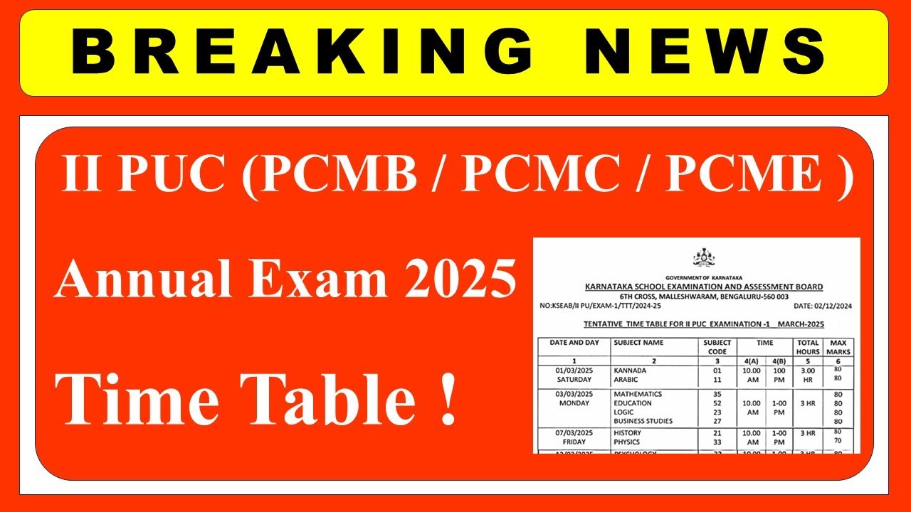 II PUC (PCMB / PCMC / PCME ) 2025/March Exam time table (tentative)