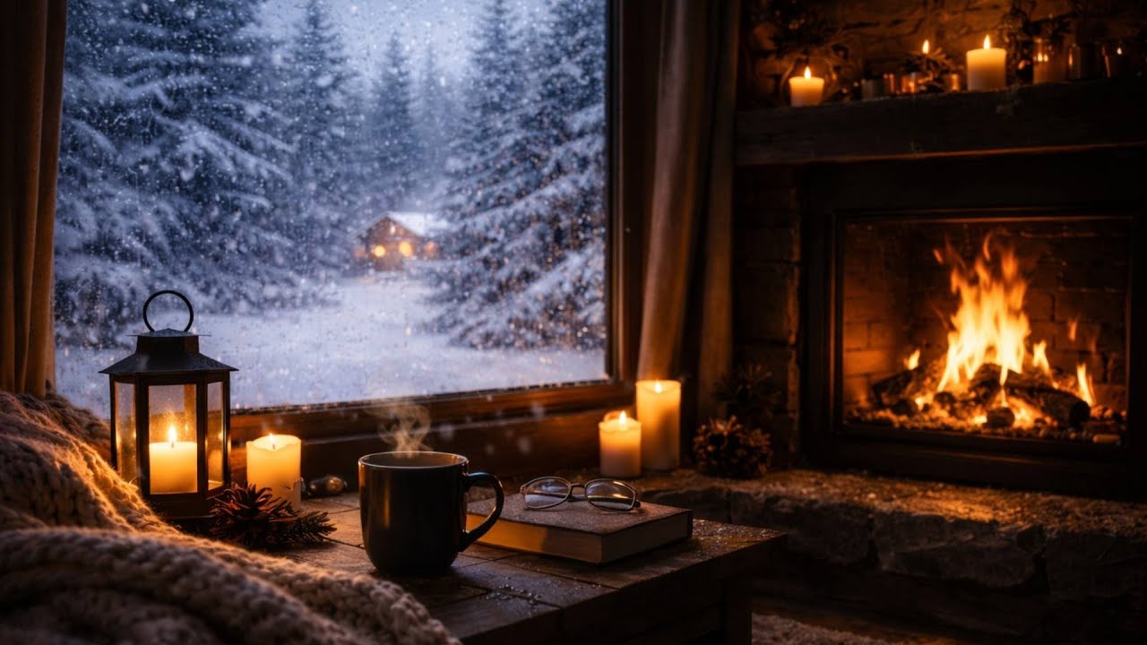 Warm Fireplace & Snow Outside ❄️ | Cozy Winter Ambience for Sleep & Study