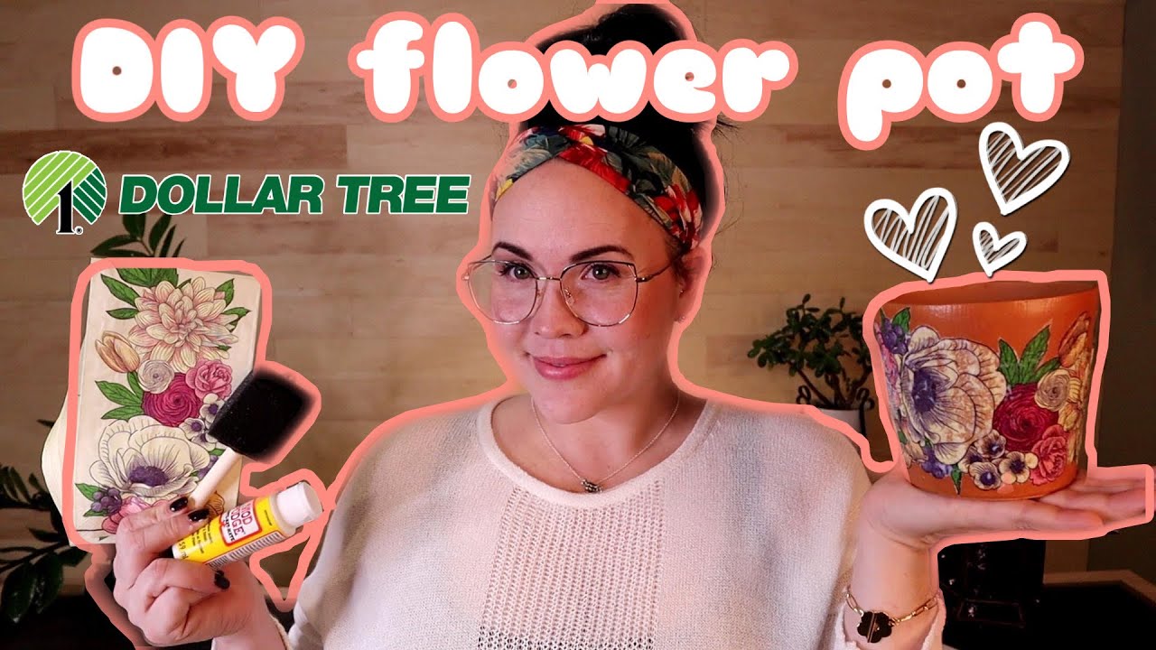 How to decoupage terra cotta pot with mod podge￼ DIY flower pot for cheap! Dollar Tree DIY
