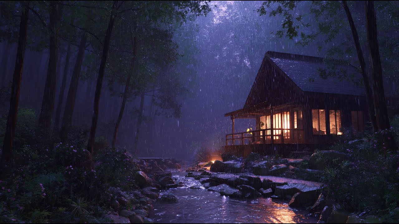 Stormy Night in a Cozy Forest Cabin ⛈️ Rain, Thunder & River Sounds for Deep Sleep