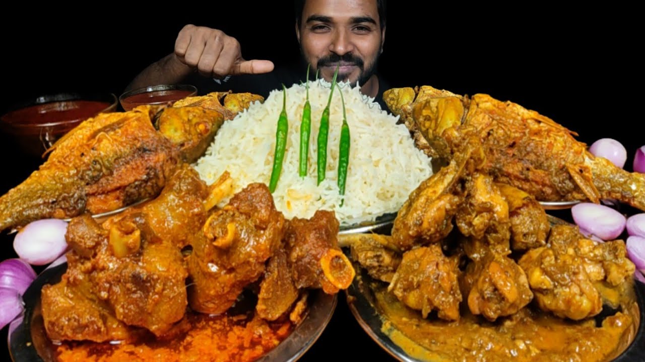 Eating Spicy Whole Fish Curry with Rice | Mutton Curry, Chicken Curry, Chilli & Onion Mukbang