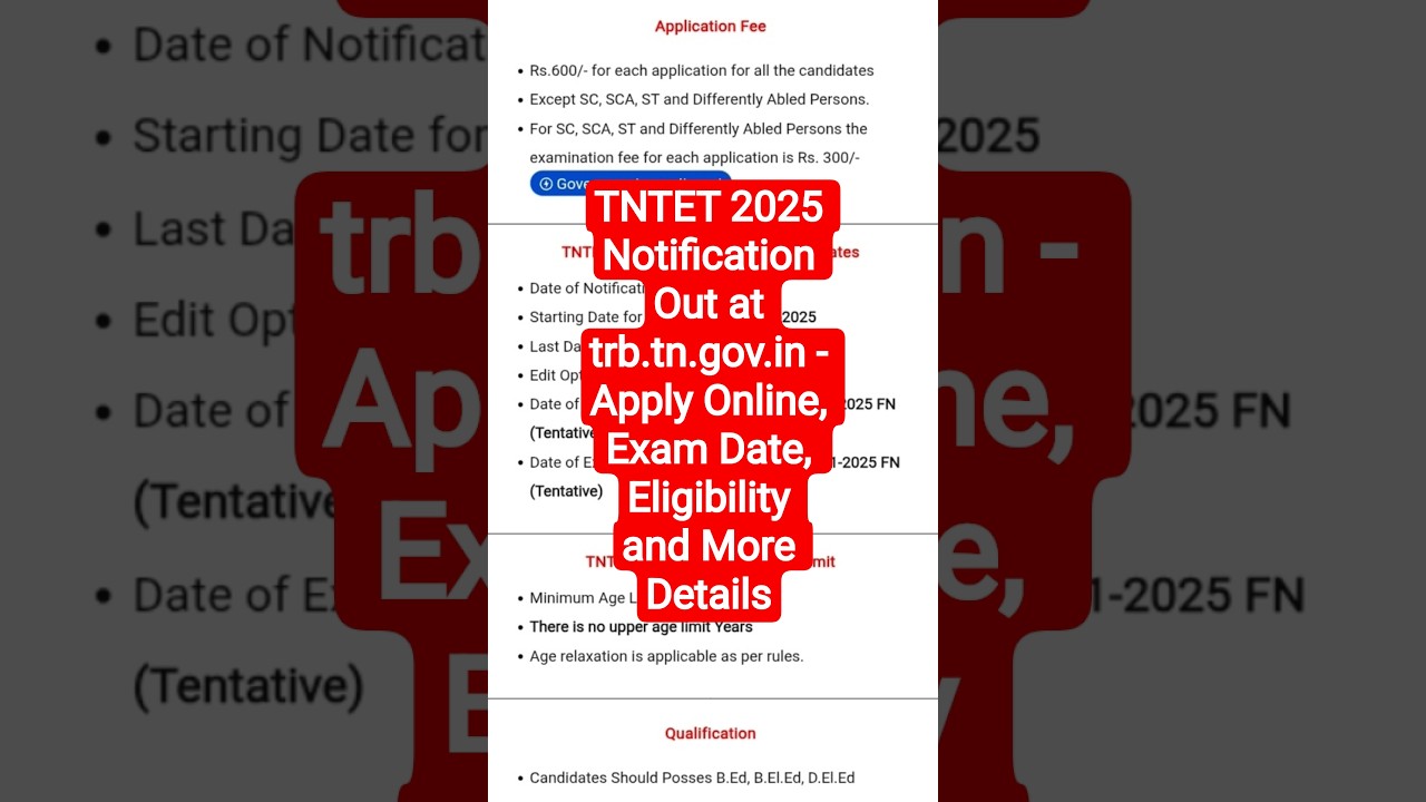 TNTET 2025 Notification Out at trb.tn.gov.in - Apply Online, Exam Date, Eligibility and More Details