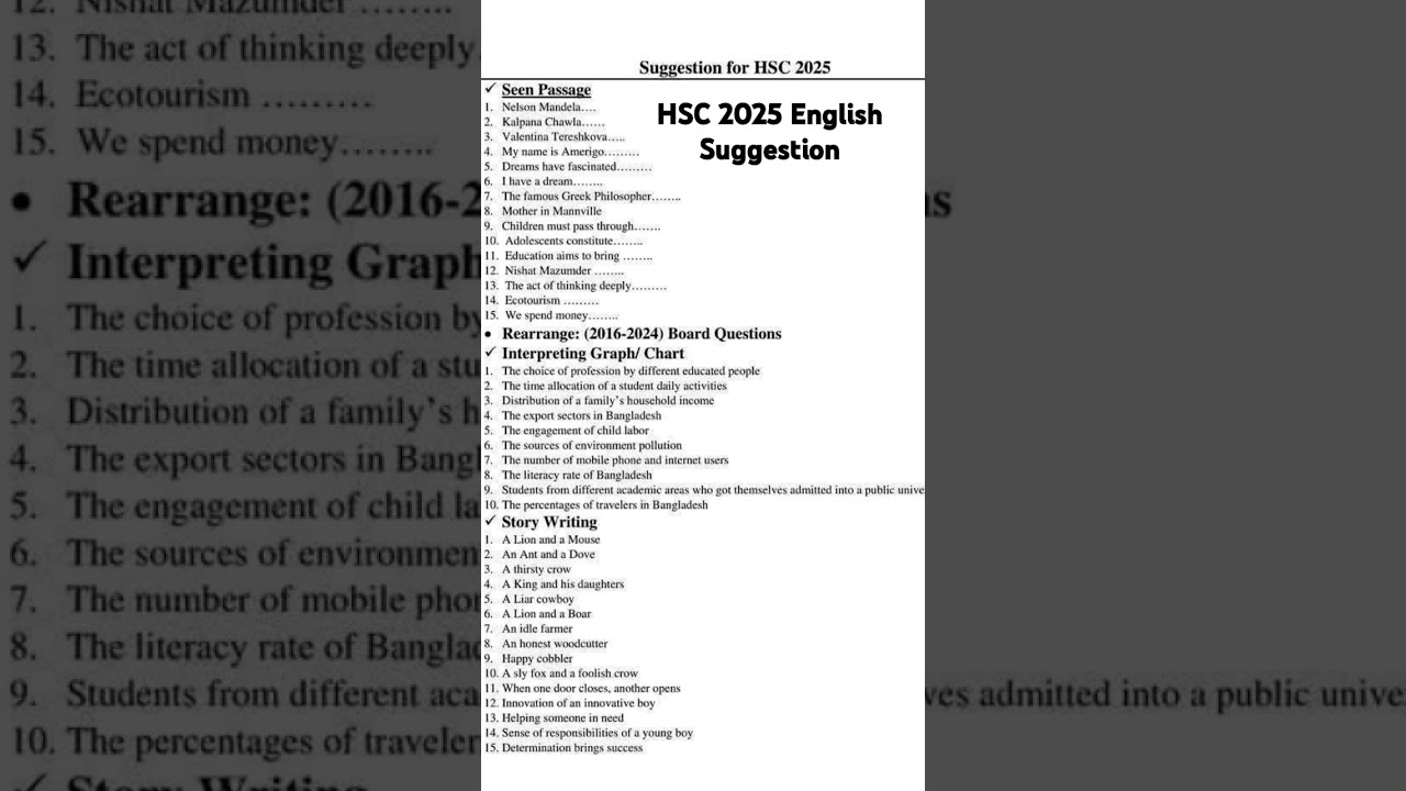 HSC 2025 English Suggestion || এইচএসসি ২০২৫ ইংরেজি সাজেশন