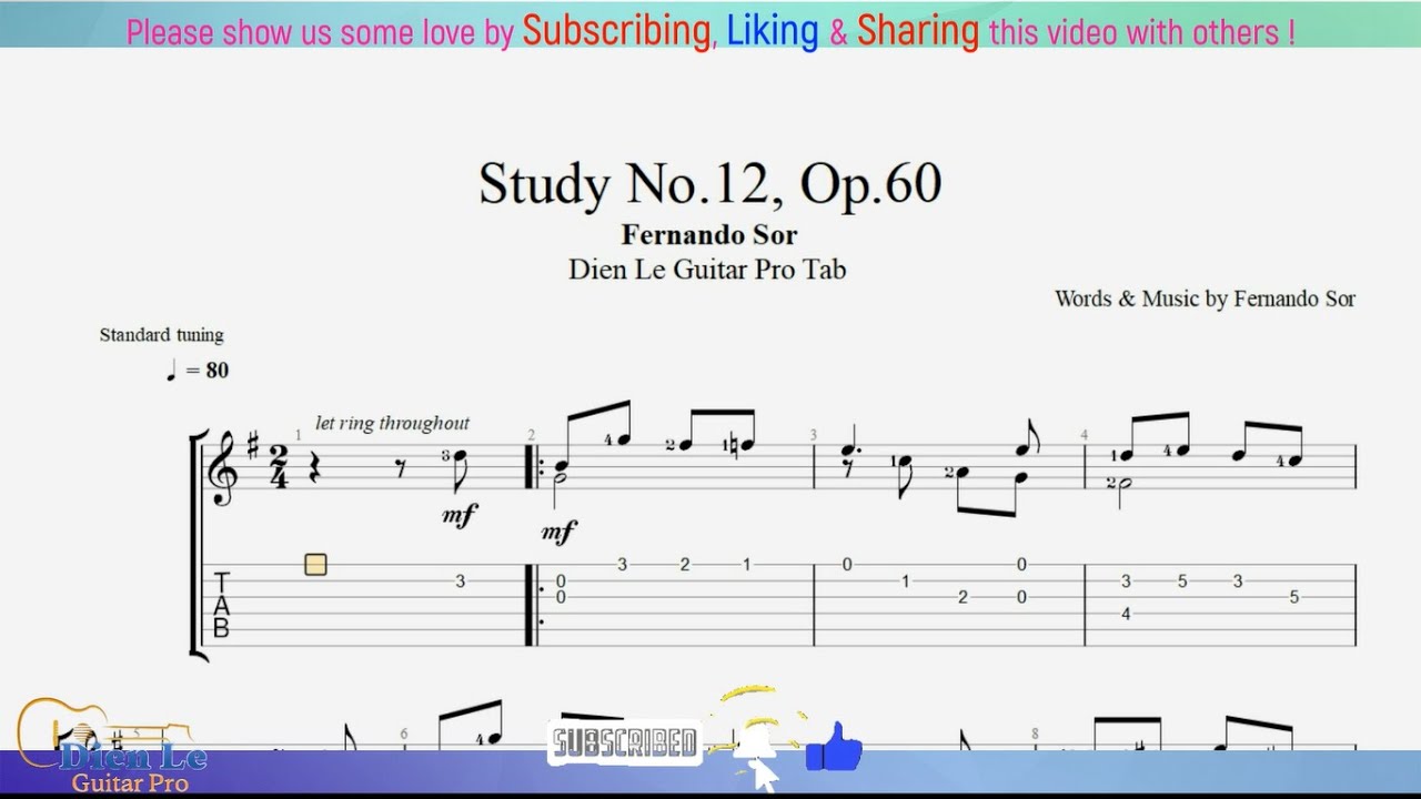 Study No.12, Op.60 - Fernando Sor - for Guitar Tutorial with TABs