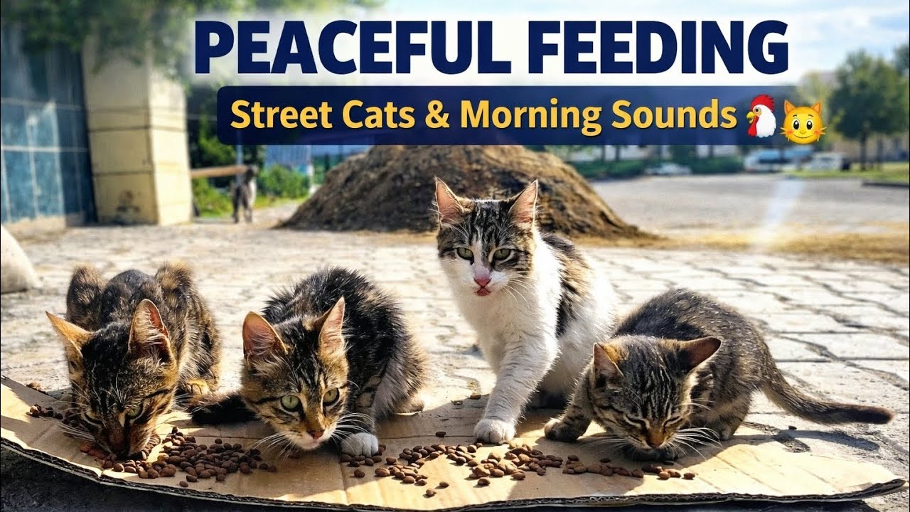 Feeding Street Cats in Peaceful Morning… The Rooster Sound Changed Everything 🐔🐱