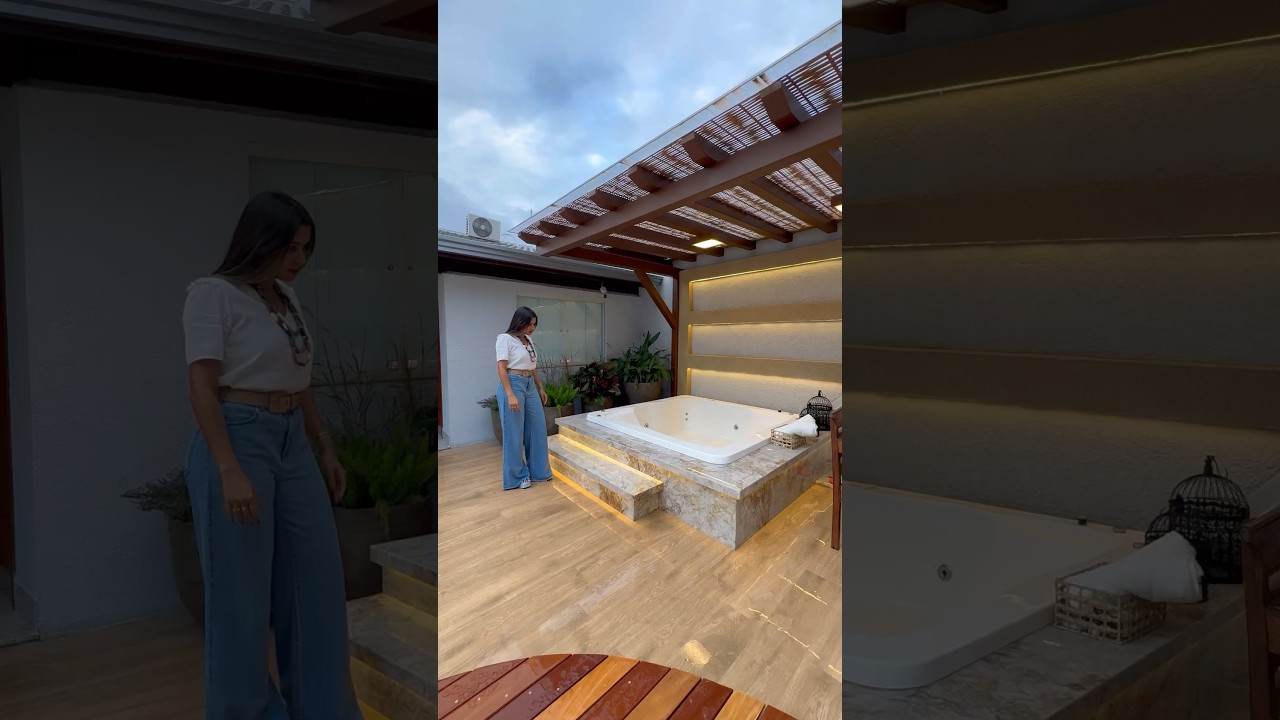 &Aacute;rea de spa dos sonhos ✨ #designinterior #jacuzzi #areaexterna #areadelazer #hidro #decor #pergolado