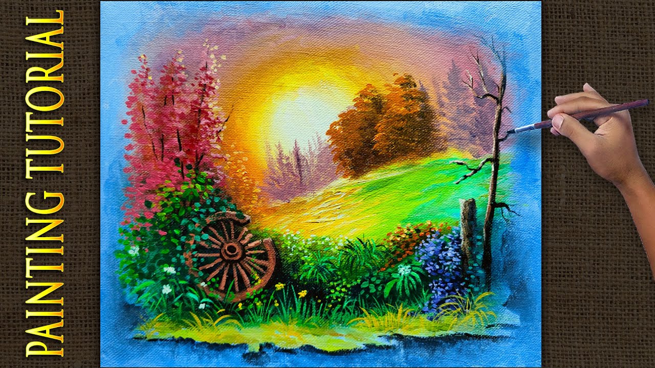 Acrylic Landscape with Sunset Painting Tutorial / Wooden Wagon Wheel