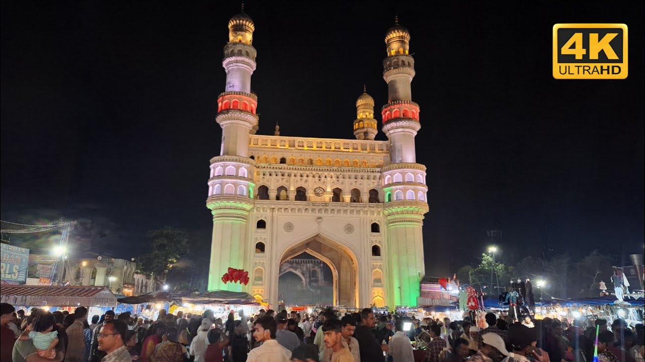 Charminar Night Walk in 4K | Hyderabad India Walking Tour & Market Streets
