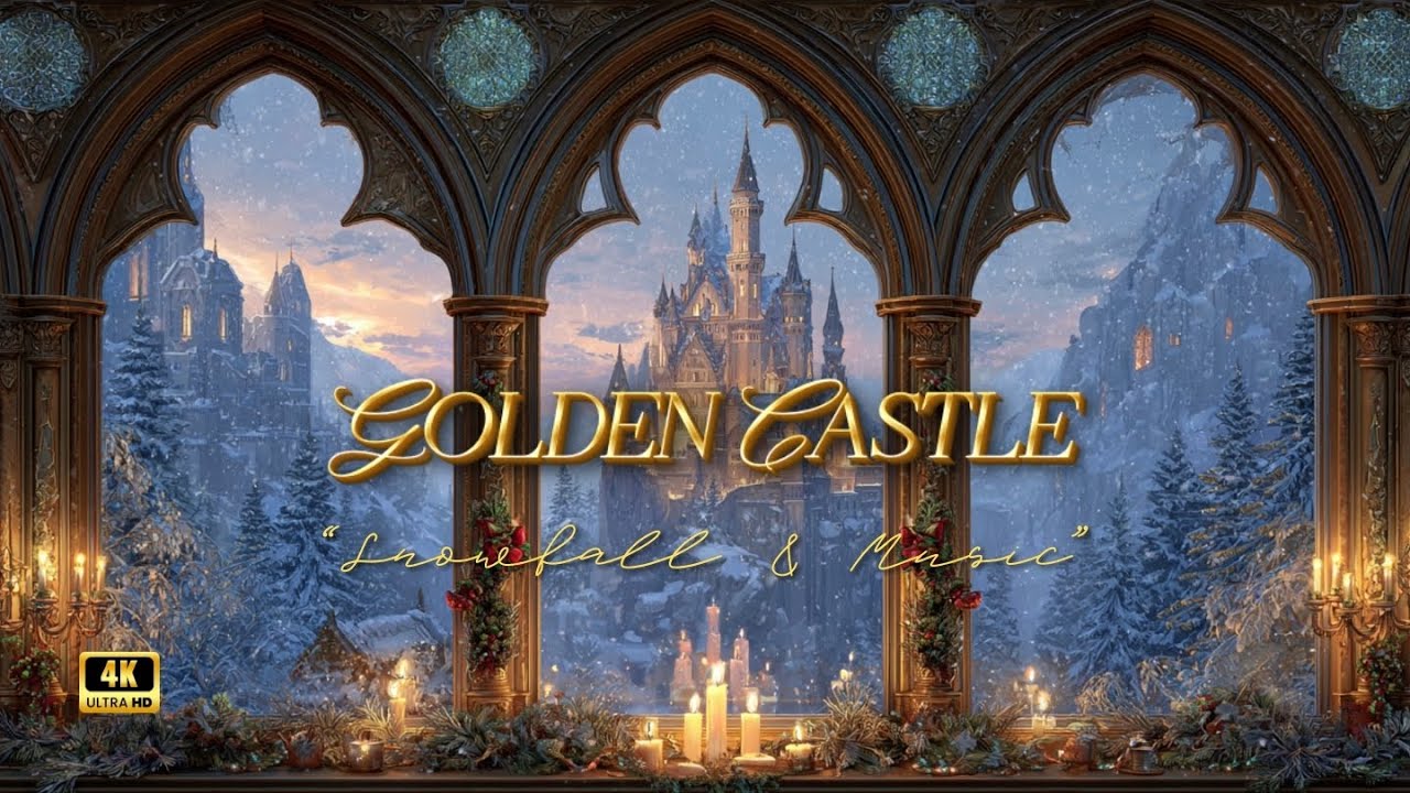 Gold Medieval Castle Window | Celtic Fantasy Music & 4K Snowy Ambience • Sleep & Focus