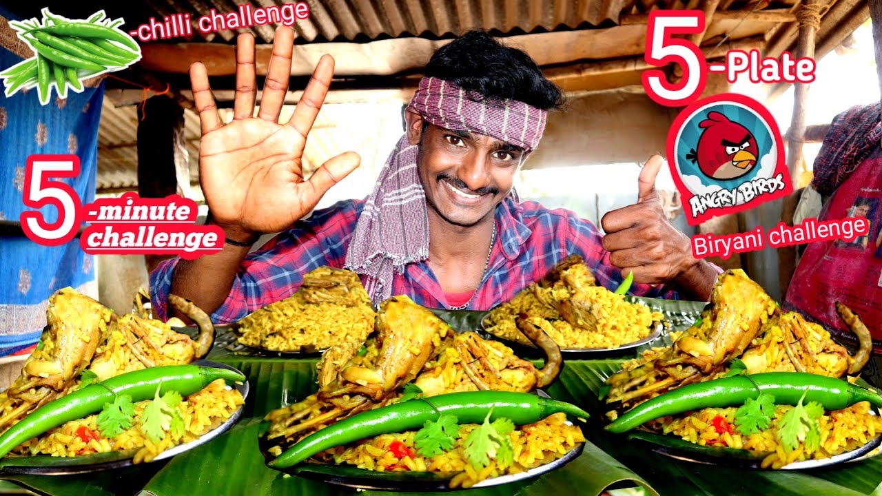 5- minute challenge|😡5 plate Angry birds Biryani&Green🌶chili Eating Challenge|MUKBANG