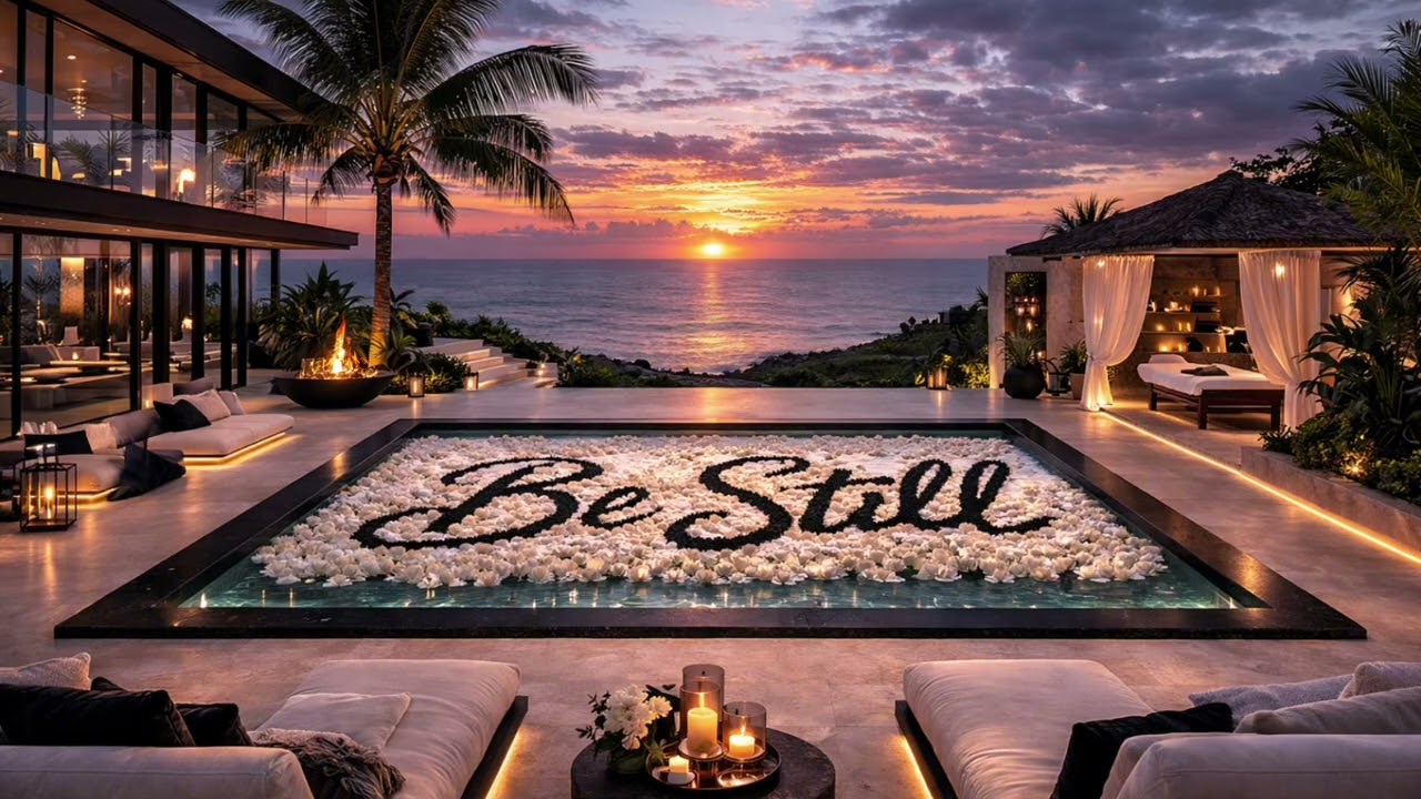 Be Still Luxury Ocean Resort Ambience | Harp and Waves | Sunset Floral Pool Calm