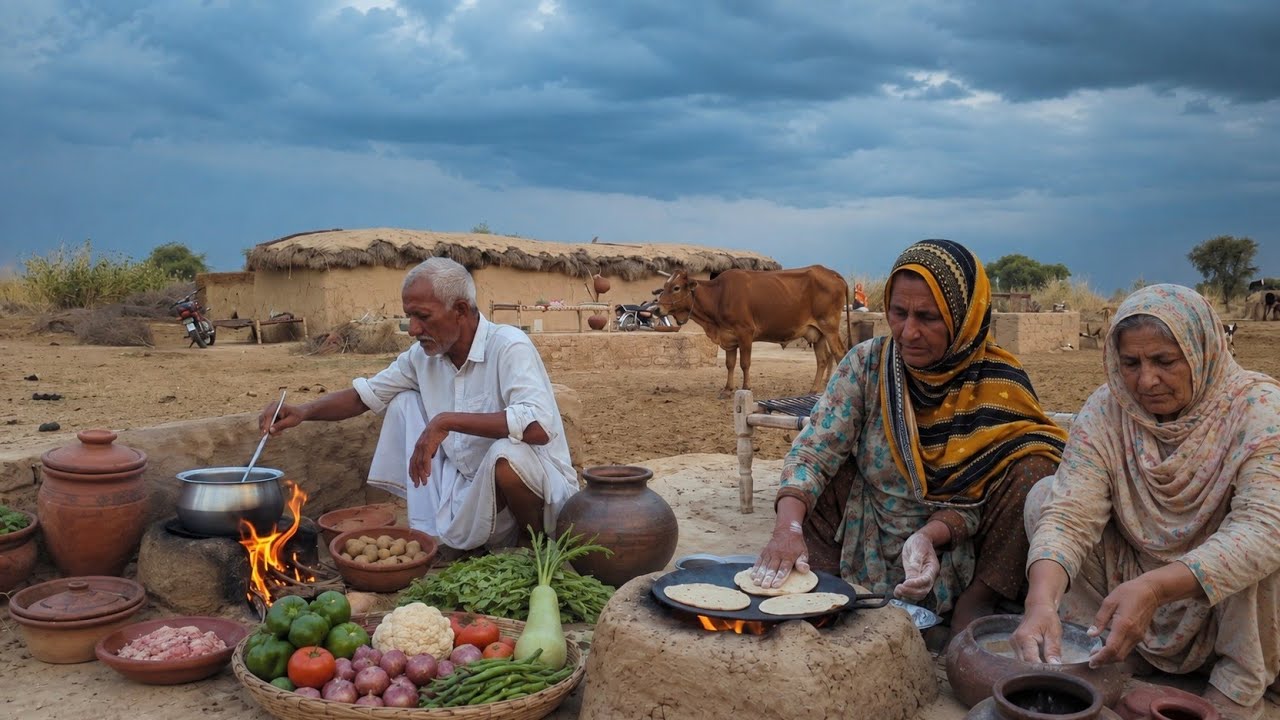 Beautiful Rain in Desert | Old Couple Cooking in Mud Kitchen | Real Cholistan Culture 