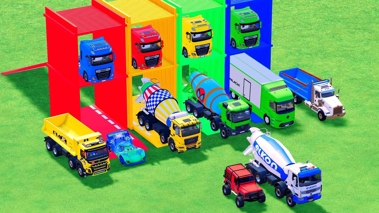 Garage with Colors   ALL MIXER TRUCK WITH DOUBLE FLATBED TRAILER TRUCK, SCANIA, MACK #9 - FS22