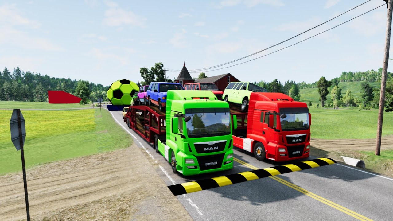 Double Flatbed Trailer Truck vs Lava Speedbumps Train vs Cars I Tractor vs Train Beamng.Drive 759