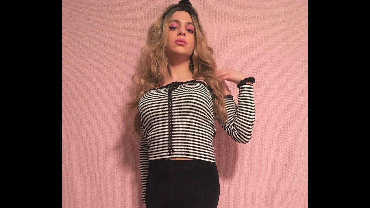 Sissy MtF Crossdresser in Black & White Off-Shoulder Top and Black Leggings