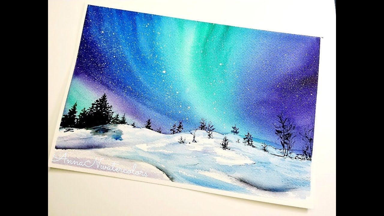 Winter Landscape Northern Lights Watercolor Painting