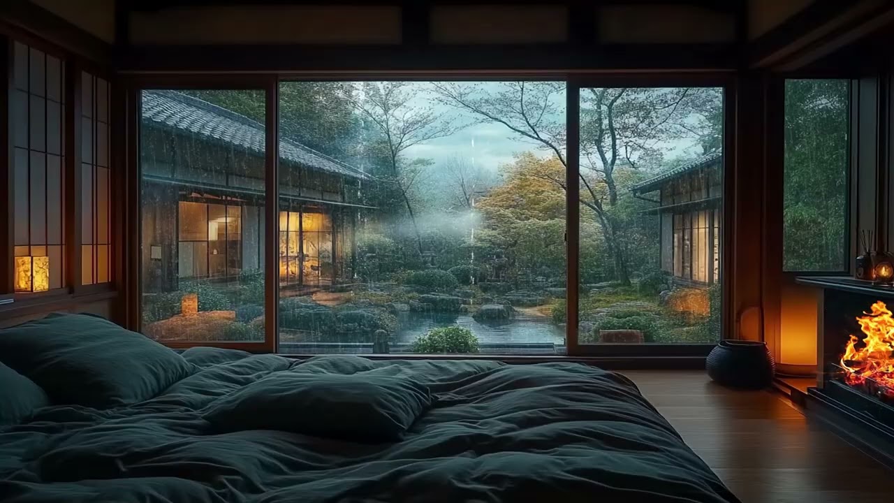 Rainy Night in a Japanese Ryokan Bedroom | Lake Rain Sounds for Sleeping