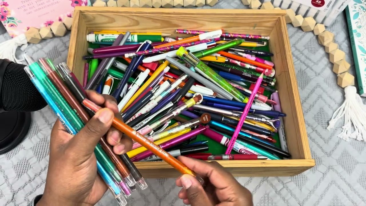 ASMR pen/pencil/crayon rummage | organizing art supplies | No Talking