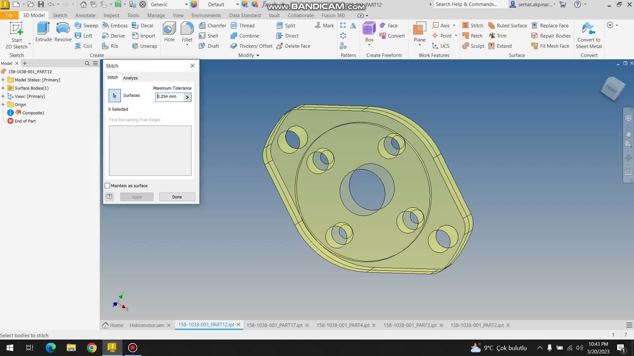 Autodesk Inventor Surface Yüzeyleri Solid Body Çevirme