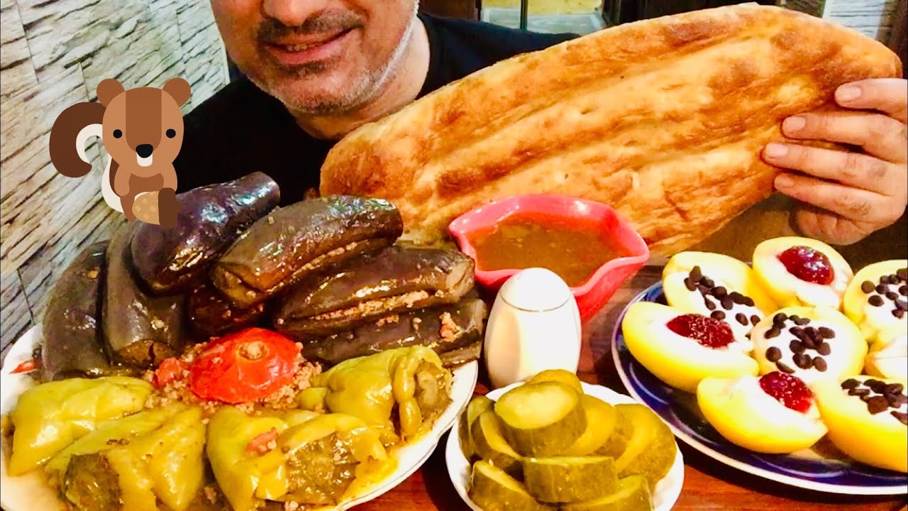 ASMR |MUKBANG |Azerbaijani National Dish “Üç Bacı” Dolma 🍆🍅🌶| Pickled 🥒| Apricot with🍦🍓&🍫|🥖