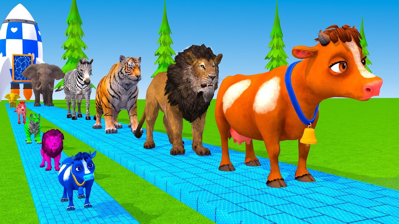 Long Slide Game With Cow Elephant Gorilla Hippopotamus Tiger - 3d Animal Game - Funny 3d Animals