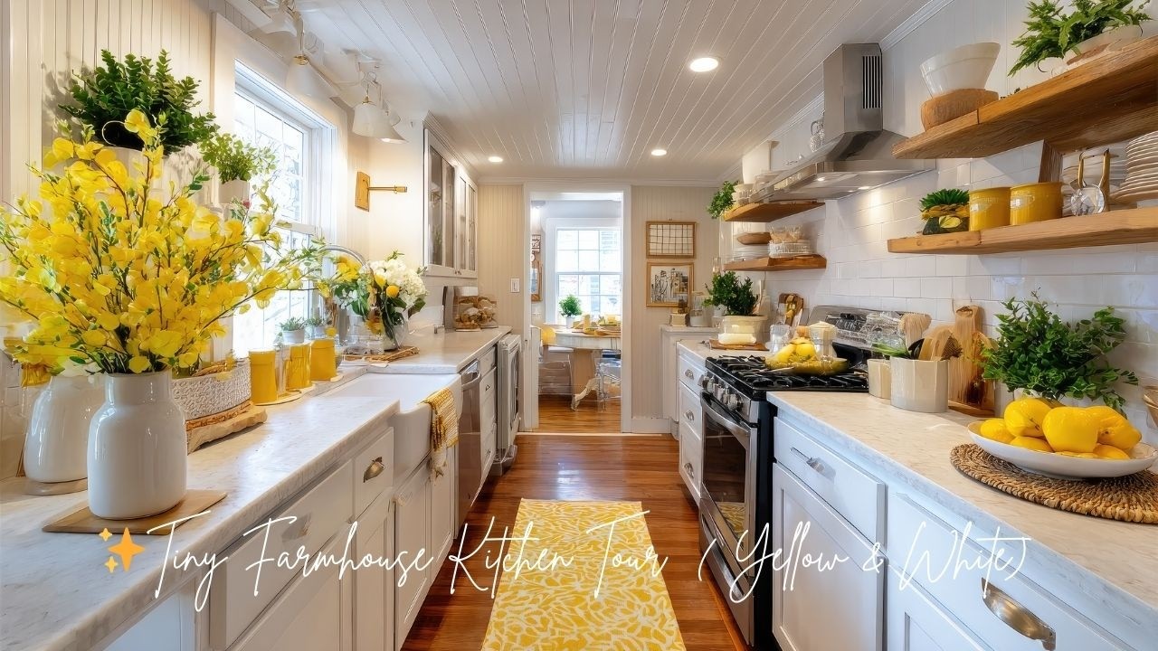 Tiny Farmhouse Kitchen Tour | ✨ Yellow & White Vintage  Smart Storage Hacks