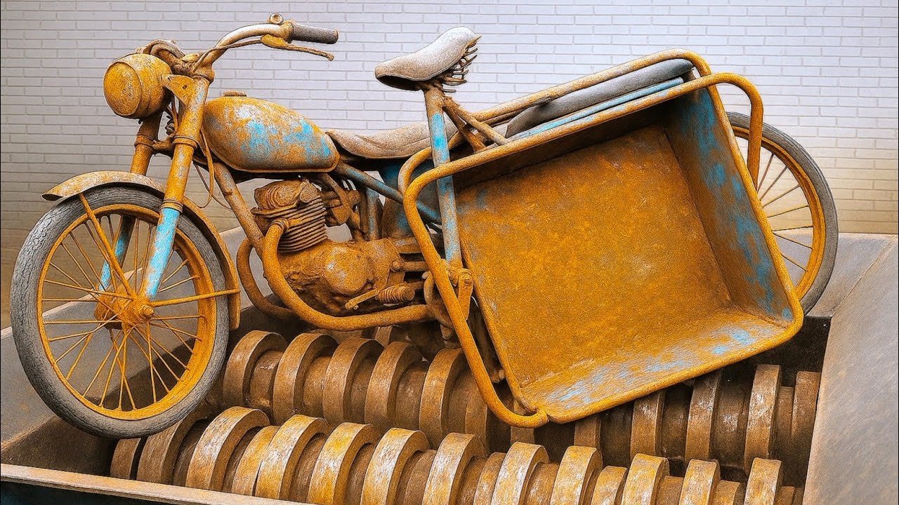 Giant Shredder Destroys Rusty Motorcycle & Tricycle Cart! Extreme Metal Shredding 