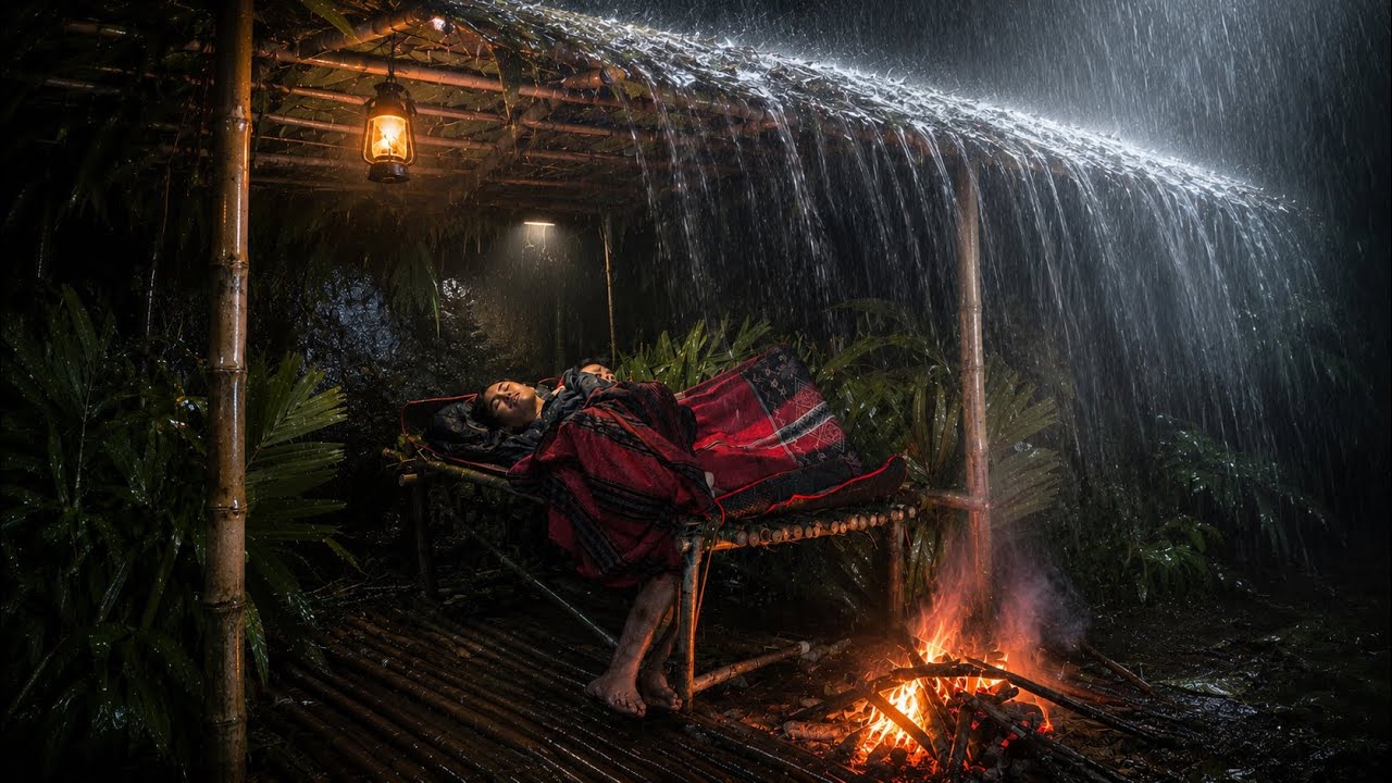LONG HEAVY RAIN Bushcraft with My Friend‼️ | Building Shelter & Fire in the Heavy Rain Storm