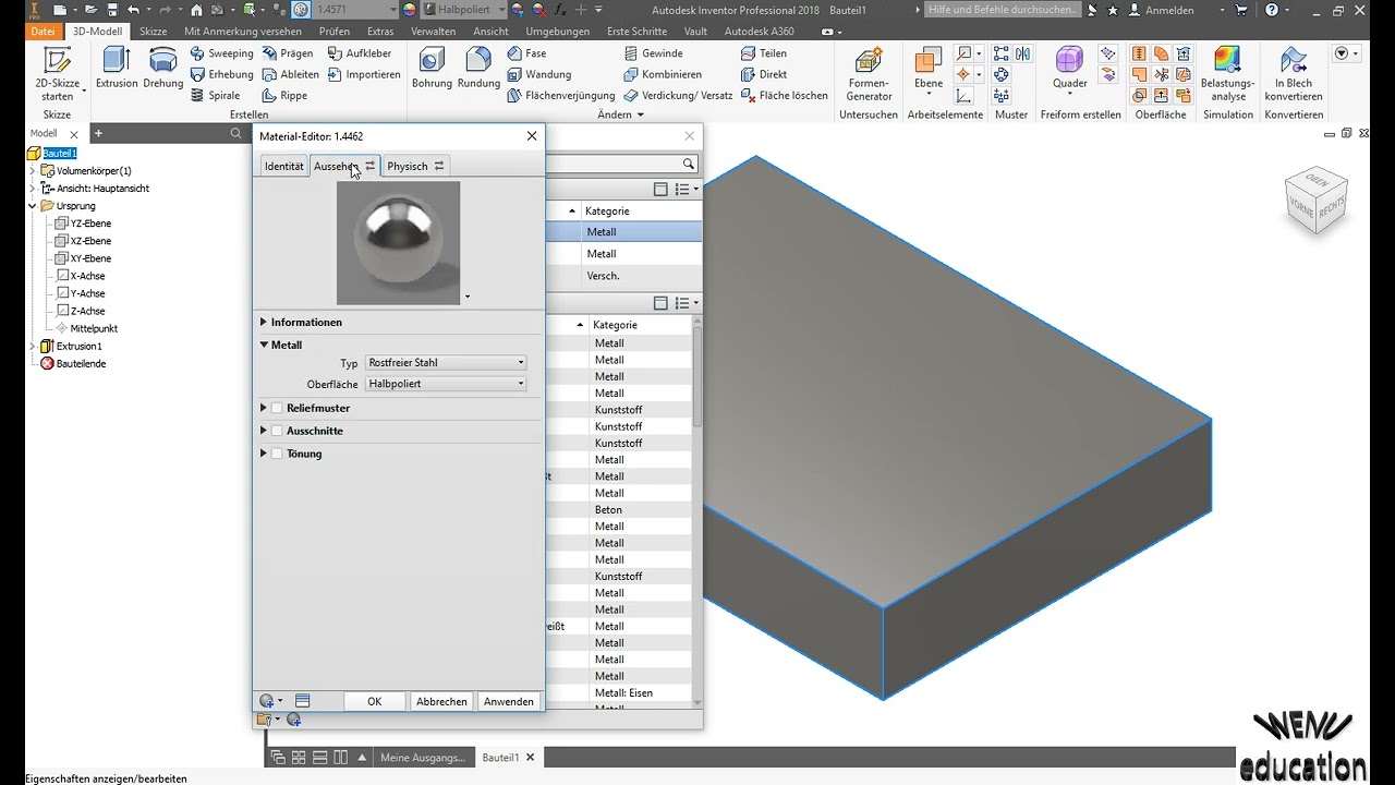 Inventor Tutorial Werkstoffe anlegen