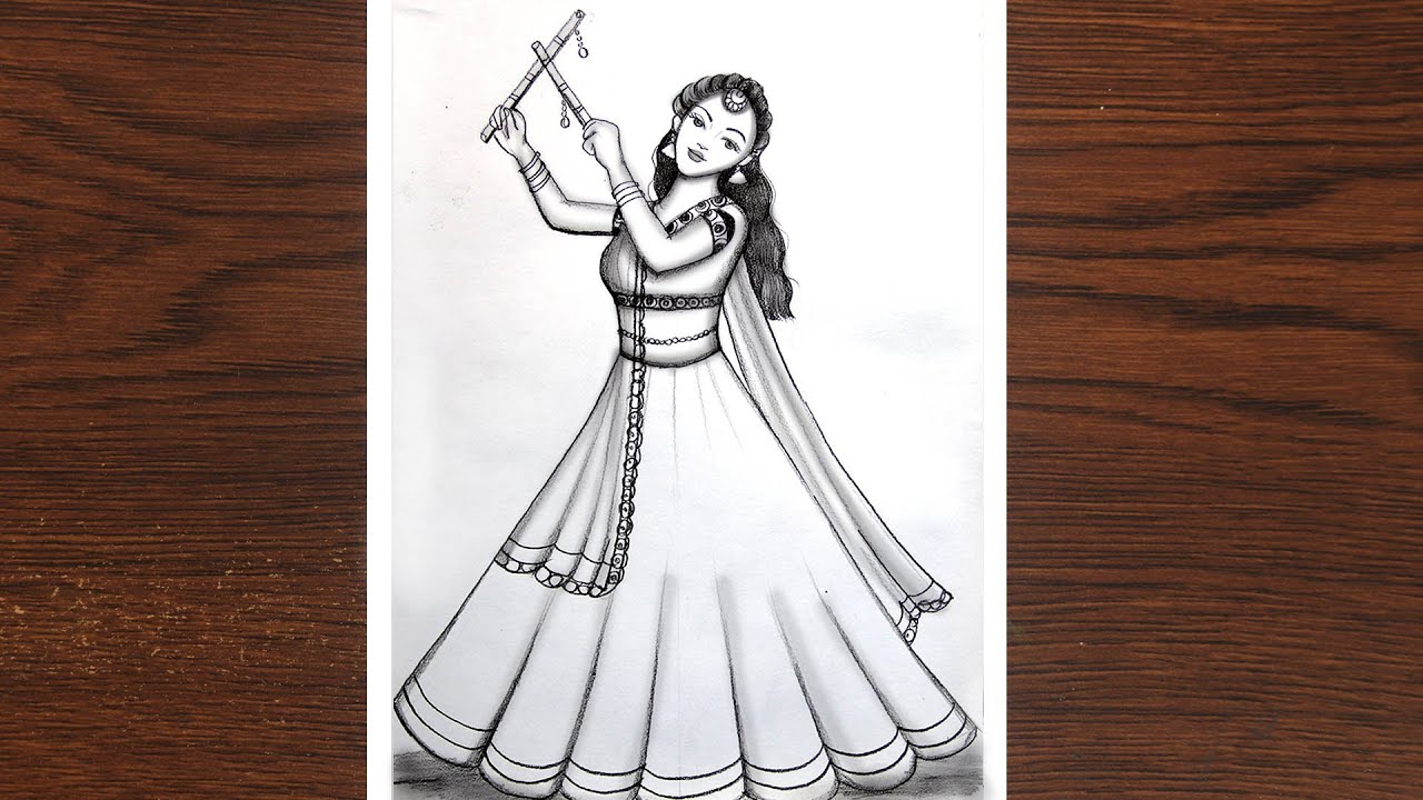 How to draw a Traditional girl with Dandiya dance | Lehenga design | Girl drawing | pencil sketch