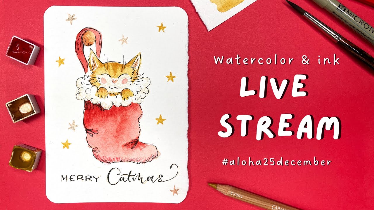 Cute kitten holidays card | Live paint along | watercolor & ink