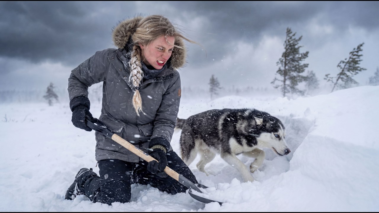 TRAPPED in a BLIZZARD — She Built an EMERGENCY Shelter in 2 HOURS — Solo Girl & Husky | ASMR
