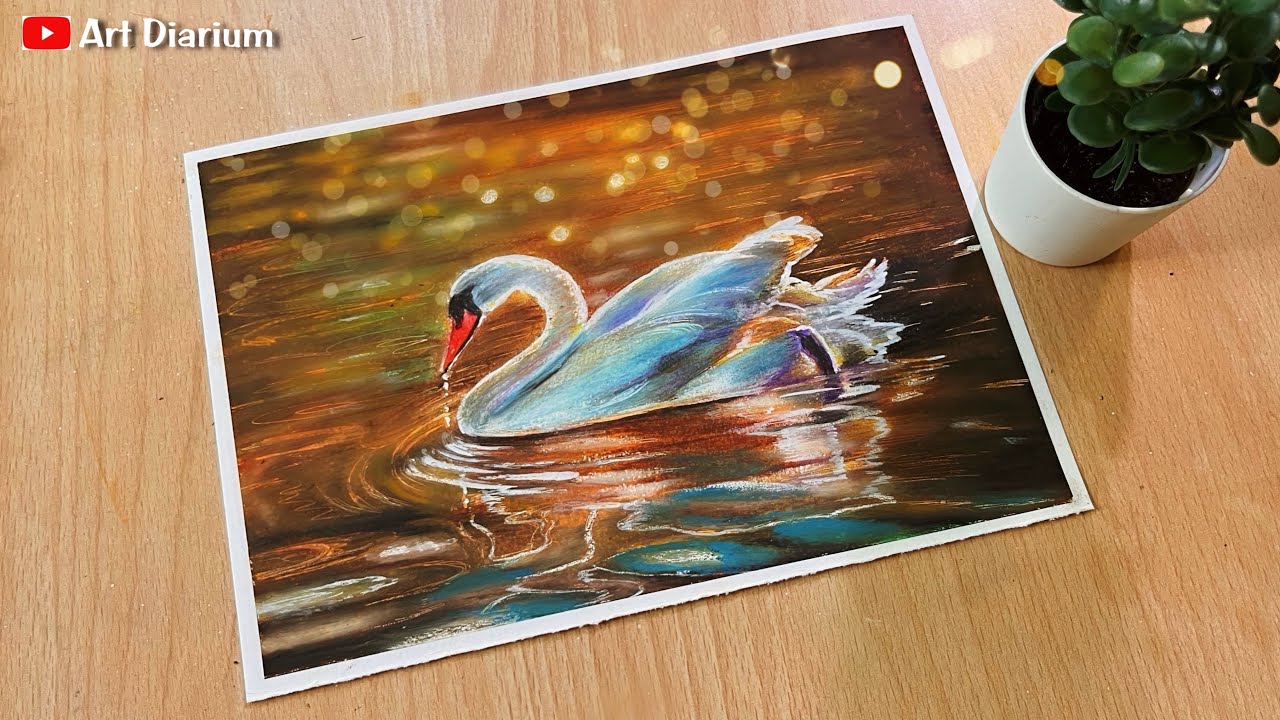 Oil Pastel Painting / Swan on the Lake Scenery Drawing - Step By Step