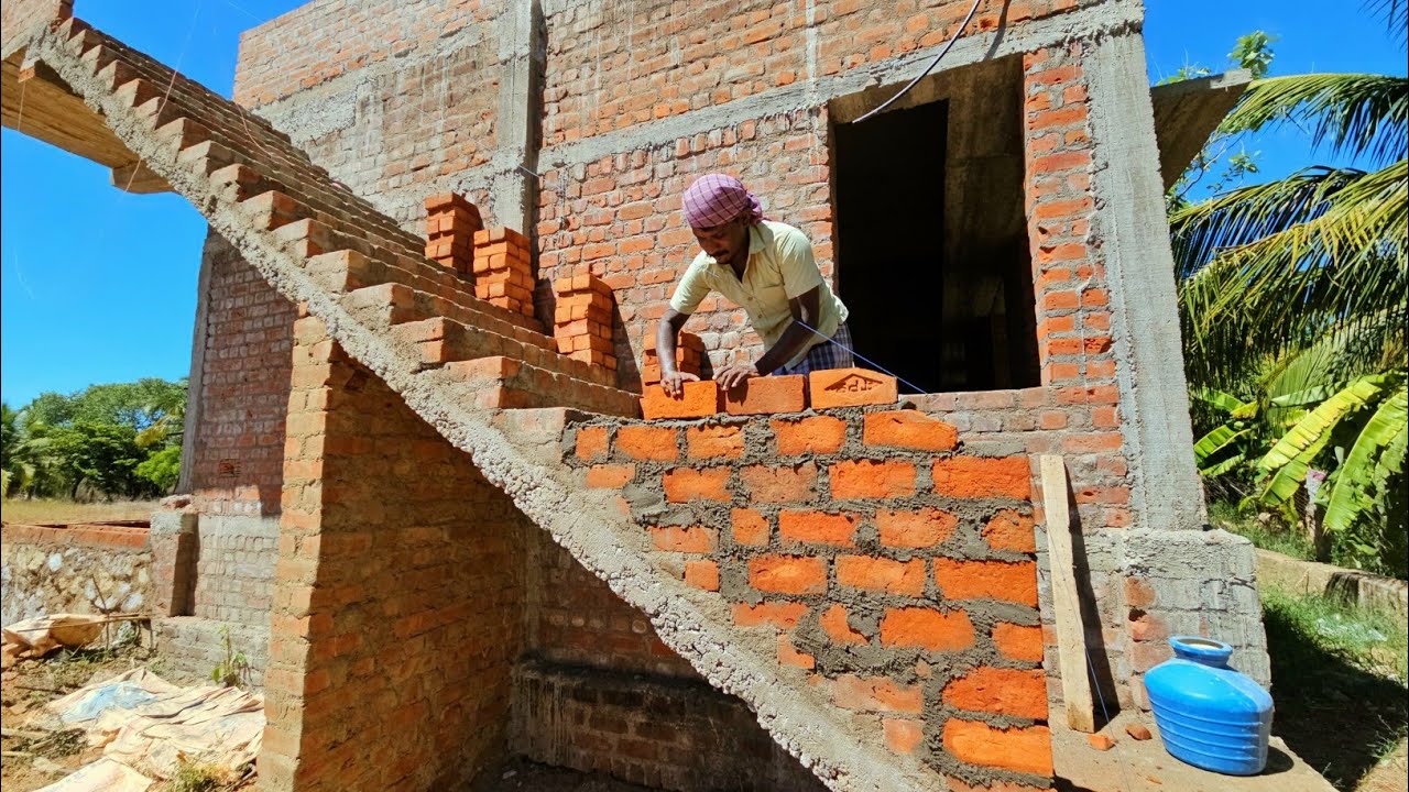 Techniques of Stairs_OutSide Stairs Brick Handwall Build with Cement|Staircase Construction