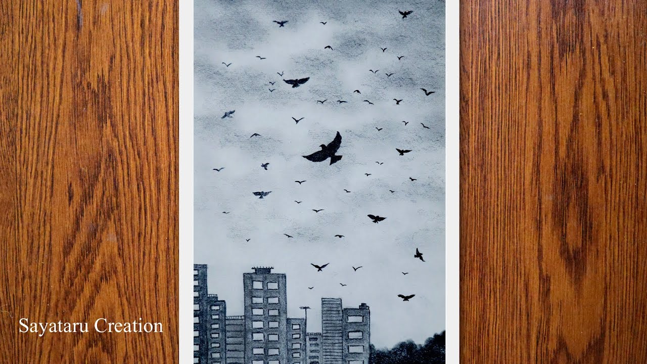Birds Flying in the City Sky Drawing step by step | Pencil Drawing for Beginners