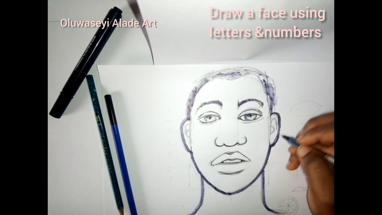 Numbers and letters to draw a face !  Ink and pencil drawing for beginners
